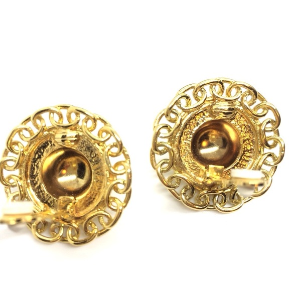 VINTAGE 80S CHAIN LINK GOLD TONE ROUND CLIP ON EARRINGS STATEMENT DOMED LARGE - Picture 11 of 14